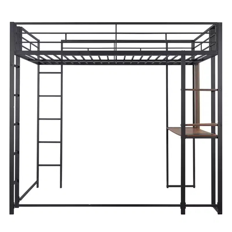 Letto a soppalco in metallo full-size con 2 ripiani e una scrivania, nero
