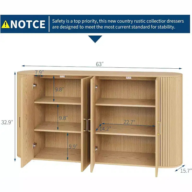 63 Mobile Credenza Moderno, Credenza con Dettagli Scanalati e Bordi Curvi, Ripiani Regolabili, Tavolo Consolle Contenitore per Sala da Pranzo, Quercia