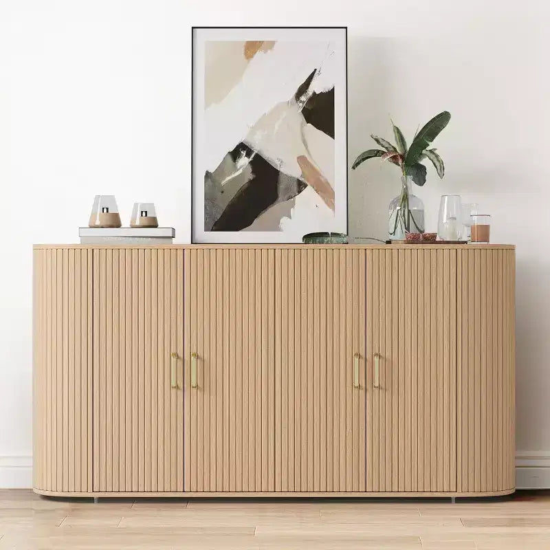 63 Mobile Credenza Moderno, Credenza con Dettagli Scanalati e Bordi Curvi, Ripiani Regolabili, Tavolo Consolle Contenitore per Sala da Pranzo, Quercia