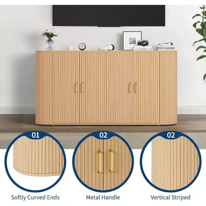 63 Mobile Credenza Moderno, Credenza con Dettagli Scanalati e Bordi Curvi, Ripiani Regolabili, Tavolo Consolle Contenitore per Sala da Pranzo, Quercia