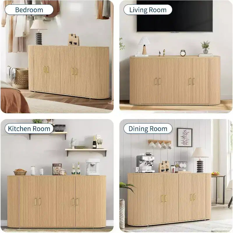 63 Mobile Credenza Moderno, Credenza con Dettagli Scanalati e Bordi Curvi, Ripiani Regolabili, Tavolo Consolle Contenitore per Sala da Pranzo, Quercia