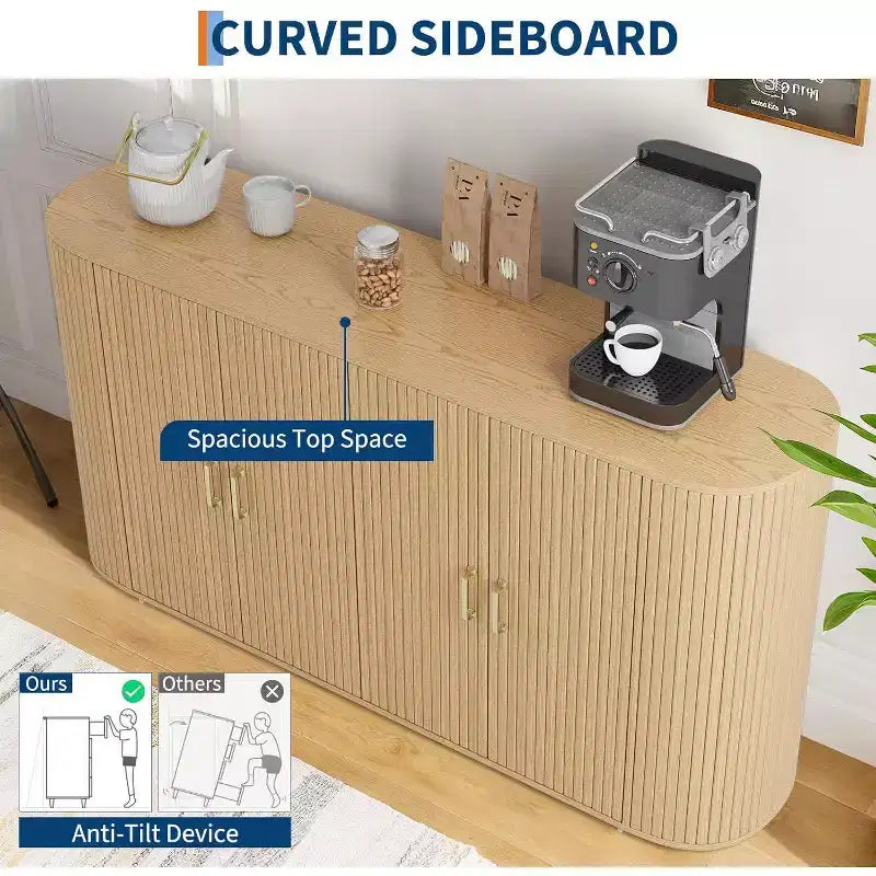 63 Mobile Credenza Moderno, Credenza con Dettagli Scanalati e Bordi Curvi, Ripiani Regolabili, Tavolo Consolle Contenitore per Sala da Pranzo, Quercia