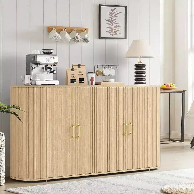63 Mobile Credenza Moderno, Credenza con Dettagli Scanalati e Bordi Curvi, Ripiani Regolabili, Tavolo Consolle Contenitore per Sala da Pranzo, Quercia