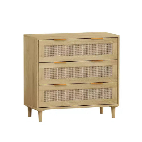 Cassettiera a 3 cassetti, mobiletto da cucina con 3 cassetti profondi in rattan, mobile buffet con maniglia in ferro