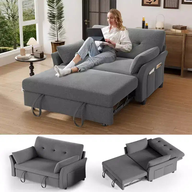 Chenille Sleeper Sofa Bed, 3-in-1 Pull Out Loveseat with 5-Position Reclining Backrest, Side Pocket & Tool-Free Assembly