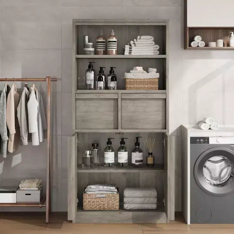 Mobile Bagno Alto, Mobile Contenitore da Terra con Ante e 2 Cassetti, Armadietto Organizzatore Alto 130 cm Autoportante per Bagno, Soggiorno, Cucina