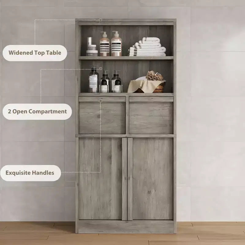 Mobile Bagno Alto, Mobile Contenitore da Terra con Ante e 2 Cassetti, Armadietto Organizzatore Alto 130 cm Autoportante per Bagno, Soggiorno, Cucina