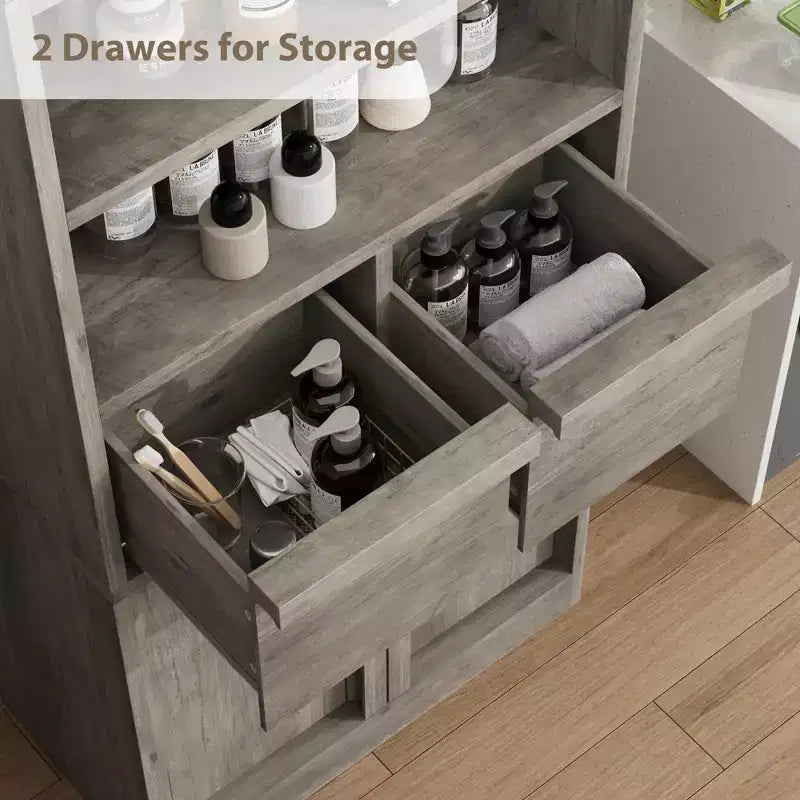 Mobile Bagno Alto, Mobile Contenitore da Terra con Ante e 2 Cassetti, Armadietto Organizzatore Alto 130 cm Autoportante per Bagno, Soggiorno, Cucina