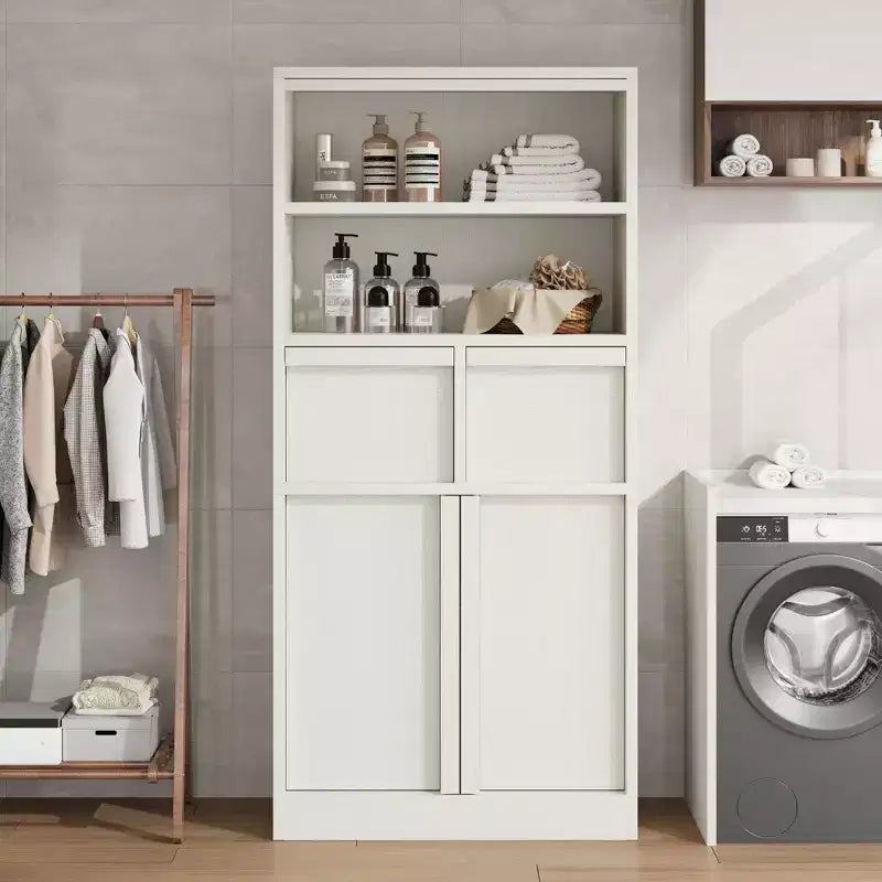 Mobile Bagno Alto, Mobile Contenitore da Terra con Ante e 2 Cassetti, Armadietto Organizzatore Alto 130 cm Autoportante per Bagno, Soggiorno, Cucina