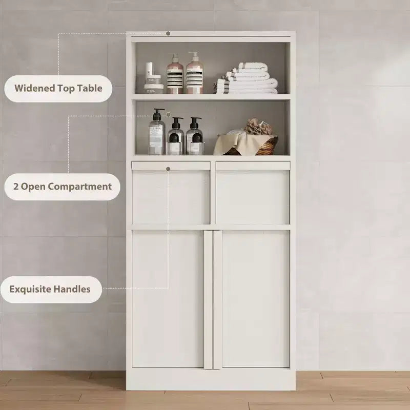 Mobile Bagno Alto, Mobile Contenitore da Terra con Ante e 2 Cassetti, Armadietto Organizzatore Alto 130 cm Autoportante per Bagno, Soggiorno, Cucina