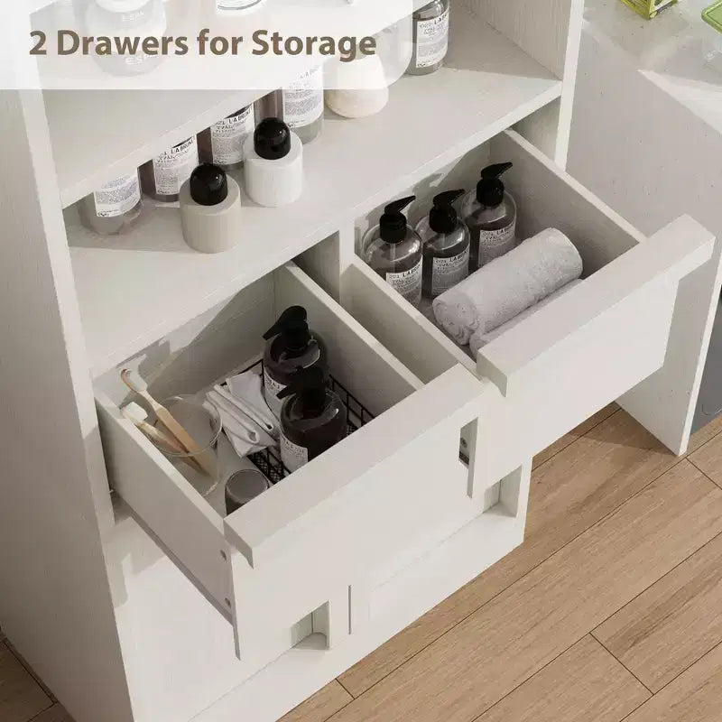 Mobile Bagno Alto, Mobile Contenitore da Terra con Ante e 2 Cassetti, Armadietto Organizzatore Alto 130 cm Autoportante per Bagno, Soggiorno, Cucina