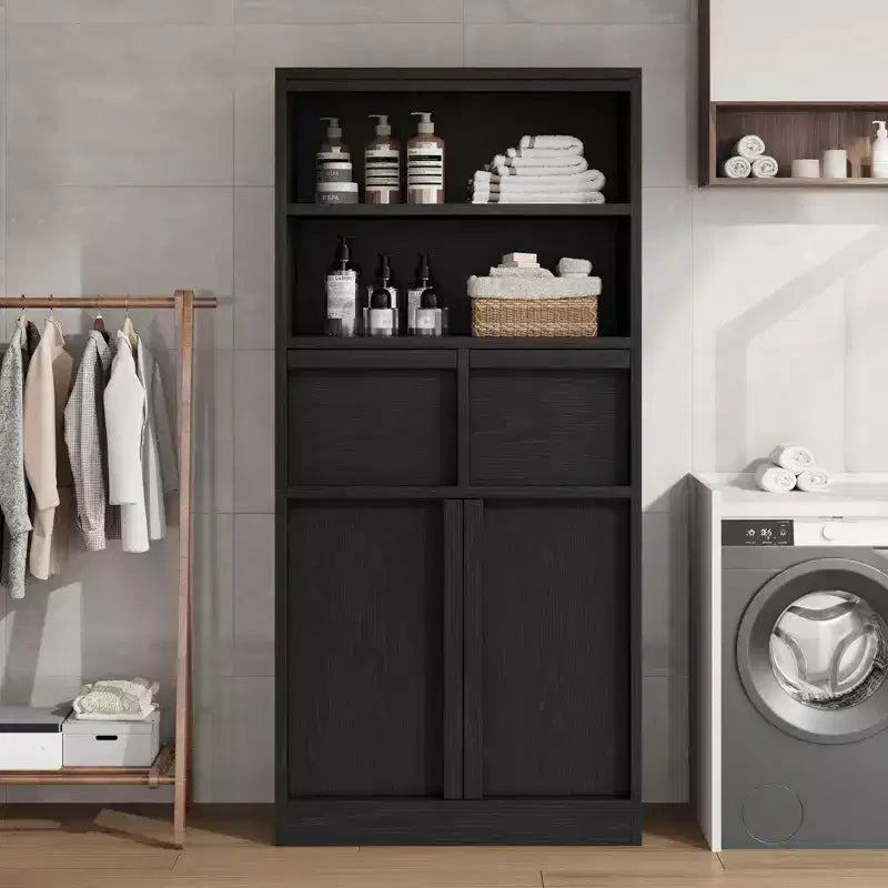 Mobile Bagno Alto, Mobile Contenitore da Terra con Ante e 2 Cassetti, Armadietto Organizzatore Alto 130 cm Autoportante per Bagno, Soggiorno, Cucina
