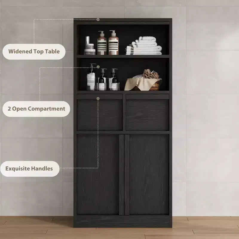 Mobile Bagno Alto, Mobile Contenitore da Terra con Ante e 2 Cassetti, Armadietto Organizzatore Alto 130 cm Autoportante per Bagno, Soggiorno, Cucina