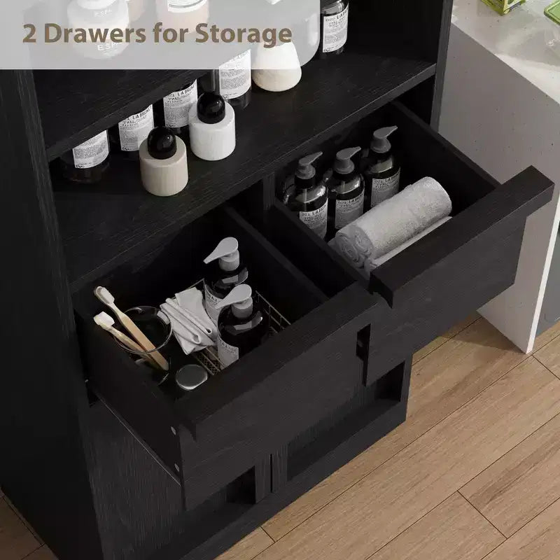 Mobile Bagno Alto, Mobile Contenitore da Terra con Ante e 2 Cassetti, Armadietto Organizzatore Alto 130 cm Autoportante per Bagno, Soggiorno, Cucina