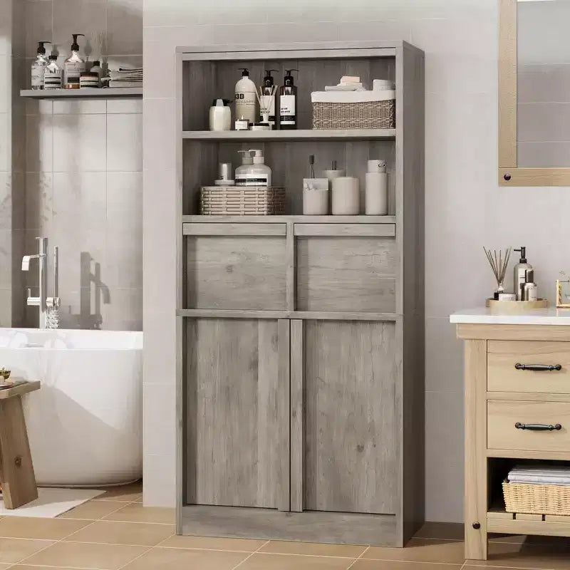 Mobile Bagno Alto, Mobile Contenitore da Terra con Ante e 2 Cassetti, Armadietto Organizzatore Alto 130 cm Autoportante per Bagno, Soggiorno, Cucina