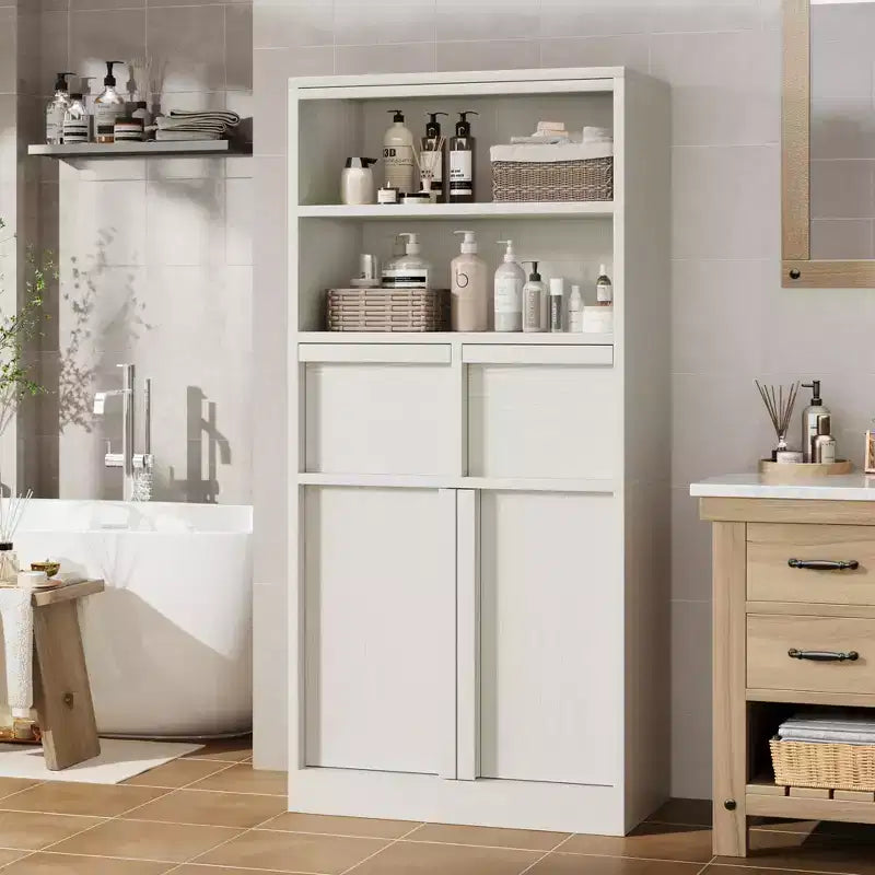 Mobile Bagno Alto, Mobile Contenitore da Terra con Ante e 2 Cassetti, Armadietto Organizzatore Alto 130 cm Autoportante per Bagno, Soggiorno, Cucina