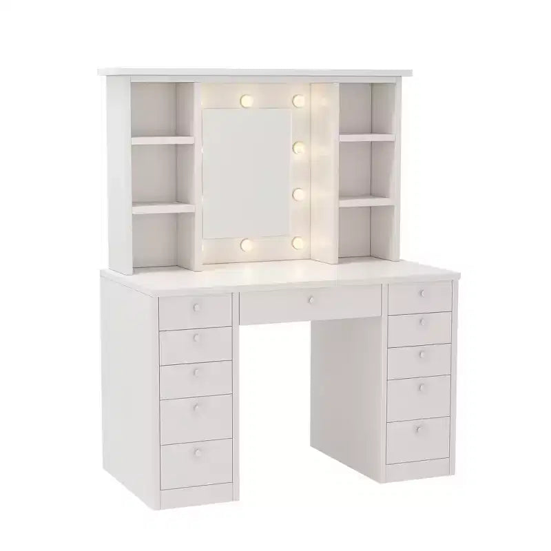 Tavolo da Trucco con 11 Cassetti, Comodino Scrivania con Specchio LED Regolabile in Luminosità con Controllo Touch, Cablaggio Nascosto