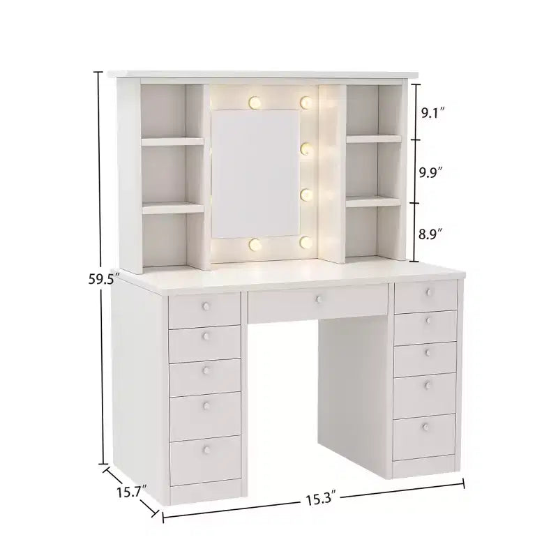 Tavolo da Trucco con 11 Cassetti, Comodino Scrivania con Specchio LED Regolabile in Luminosità con Controllo Touch, Cablaggio Nascosto