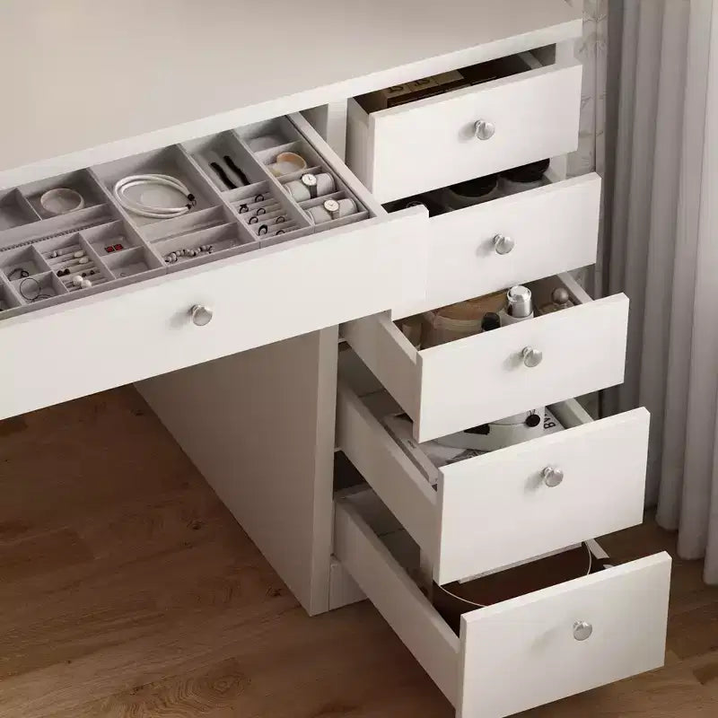 Tavolo da Trucco con 11 Cassetti, Comodino Scrivania con Specchio LED Regolabile in Luminosità con Controllo Touch, Cablaggio Nascosto