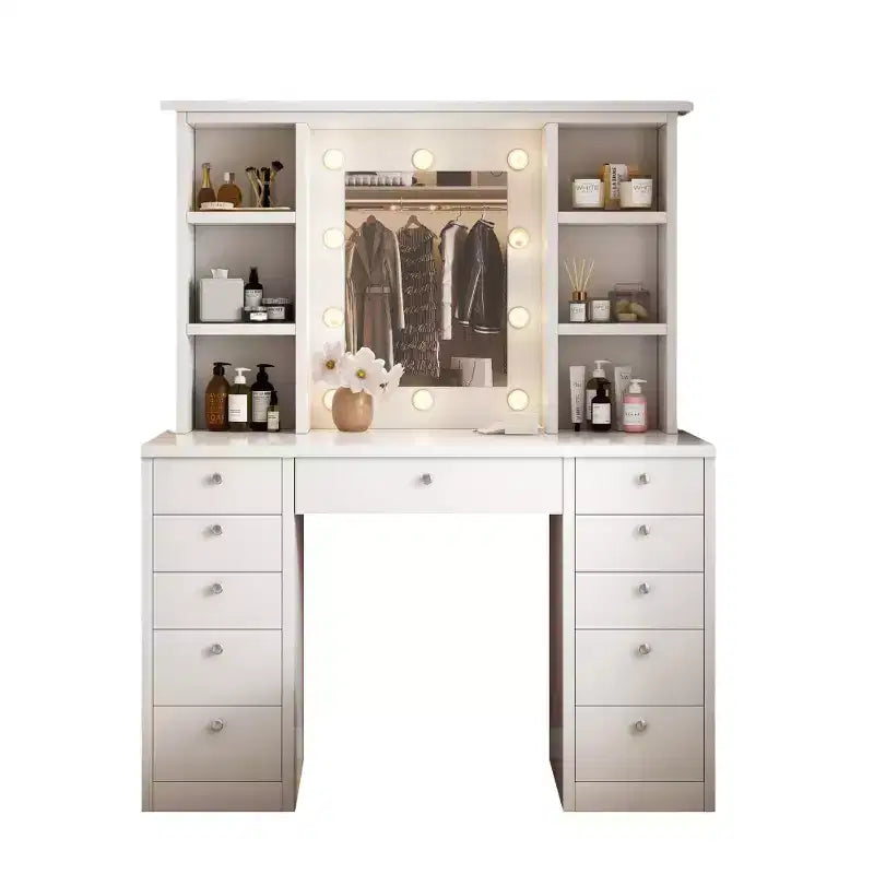 Tavolo da Trucco con 11 Cassetti, Comodino Scrivania con Specchio LED Regolabile in Luminosità con Controllo Touch, Cablaggio Nascosto