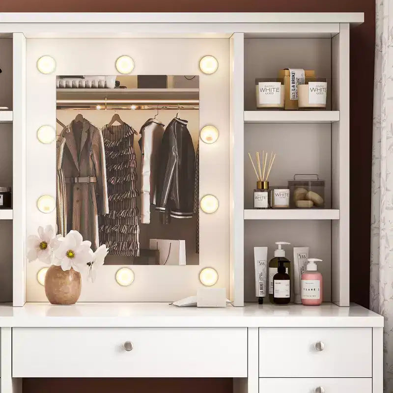 Tavolo da Trucco con 11 Cassetti, Comodino Scrivania con Specchio LED Regolabile in Luminosità con Controllo Touch, Cablaggio Nascosto