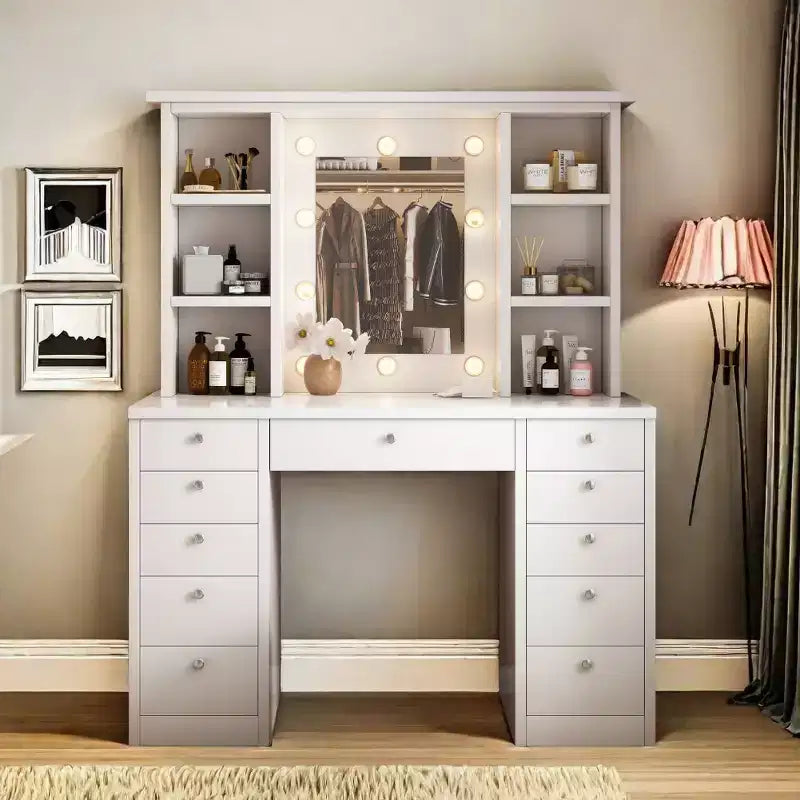 Tavolo da Trucco con 11 Cassetti, Comodino Scrivania con Specchio LED Regolabile in Luminosità con Controllo Touch, Cablaggio Nascosto