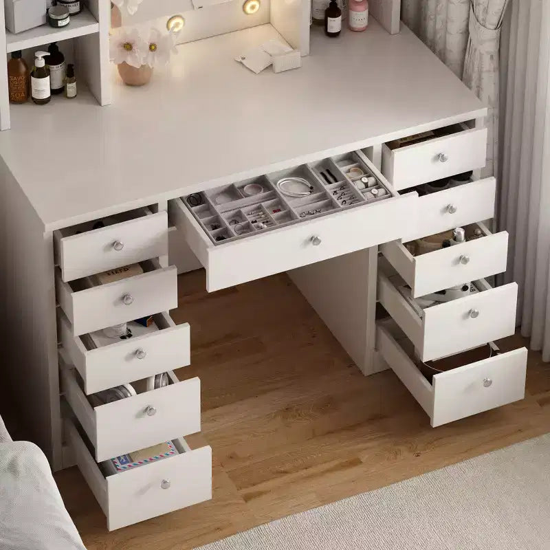 Tavolo da Trucco con 11 Cassetti, Comodino Scrivania con Specchio LED Regolabile in Luminosità con Controllo Touch, Cablaggio Nascosto