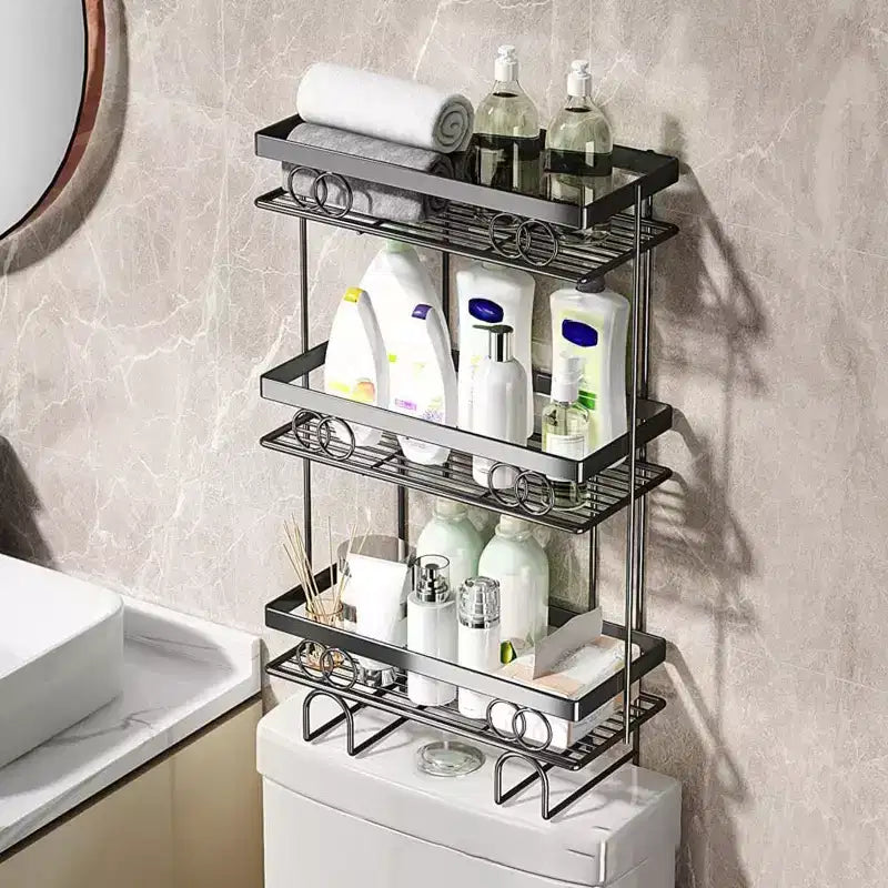 Organizzatore per bagno sopra il WC, Mensola portaoggetti sopra il WC, Scaffale e supporto WC senza foratura, Salvaspazio per piccoli ambienti, Scaffale organizzatore per la casa
