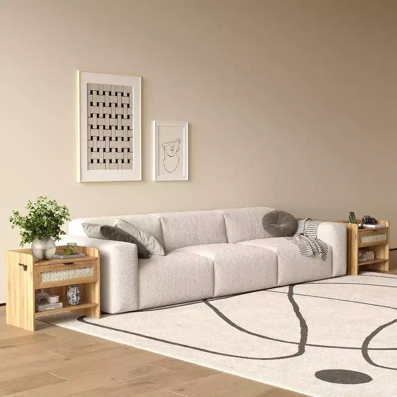 Comodino in Vimini con Stazione di Ricarica Tipo-C, Tavolino Bohemien con Cassetto e Scomparto Aperto per la Camera da Letto