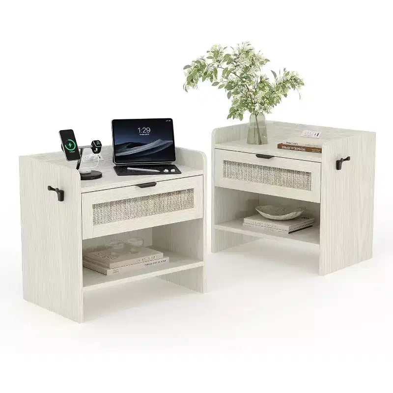 Wicker Nightstand with Type-C Charging Station, Boho Bedside Table with Drawer and Open Compartment for Bedroom