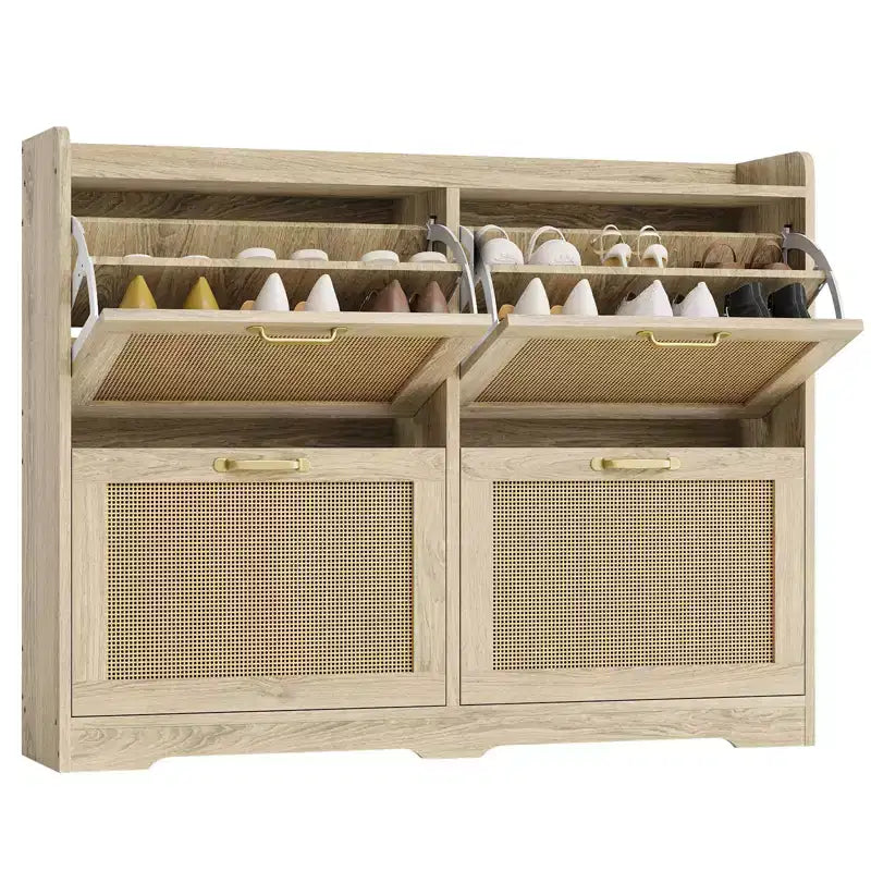 Scarpiera con 4 Ante a Ribalta, Mobile Scarpiera Nascosta in Rattan, Scarpiera Indipendente per Ingresso, Soggiorno, Appartamento