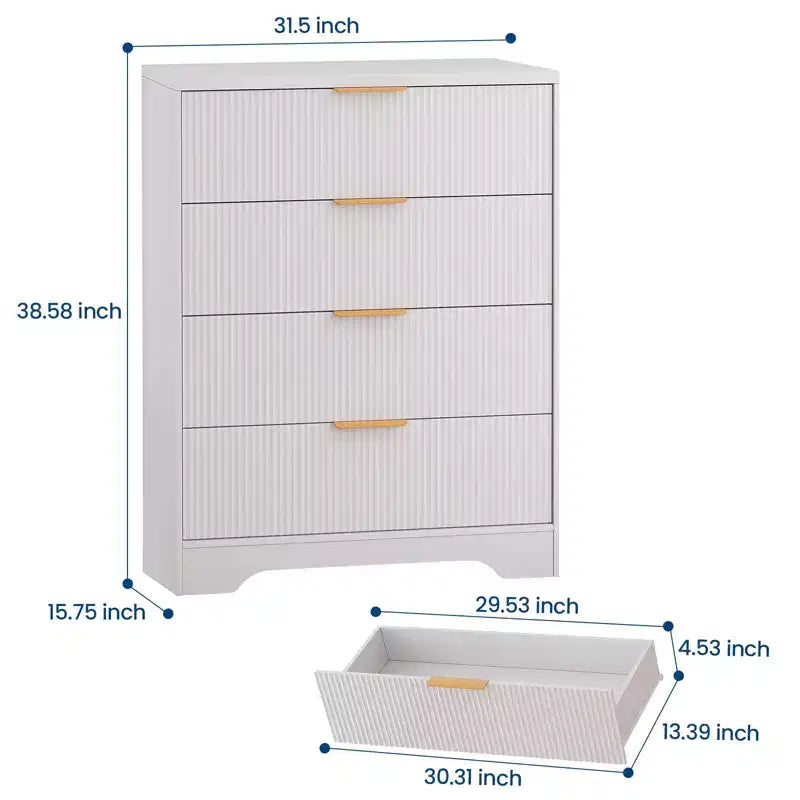 Comò scanalato per camera da letto con 4 cassetti, cassettiera moderna alta 98 cm con maniglie in metallo dorato, comò ampio per corridoio, armadio