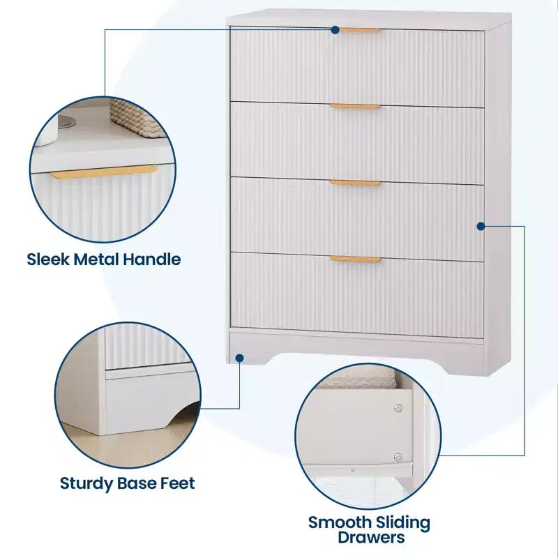 Comò scanalato per camera da letto con 4 cassetti, cassettiera moderna alta 98 cm con maniglie in metallo dorato, comò ampio per corridoio, armadio