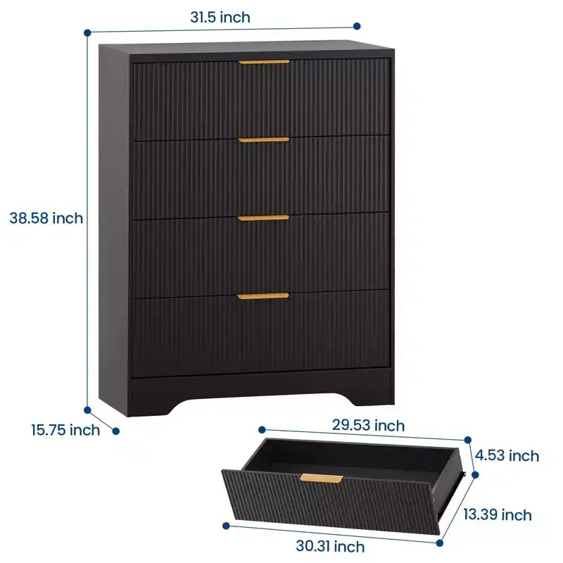 Comò scanalato per camera da letto con 4 cassetti, cassettiera moderna alta 98 cm con maniglie in metallo dorato, comò ampio per corridoio, armadio