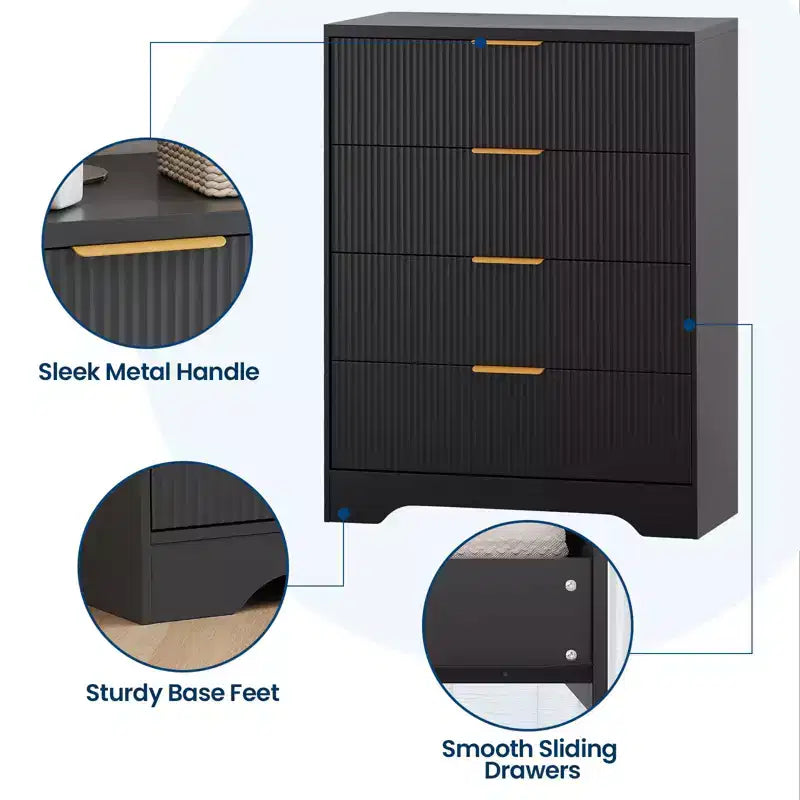 Comò scanalato per camera da letto con 4 cassetti, cassettiera moderna alta 98 cm con maniglie in metallo dorato, comò ampio per corridoio, armadio