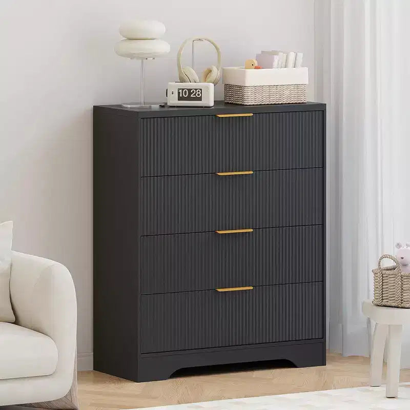 Comò scanalato per camera da letto con 4 cassetti, cassettiera moderna alta 98 cm con maniglie in metallo dorato, comò ampio per corridoio, armadio