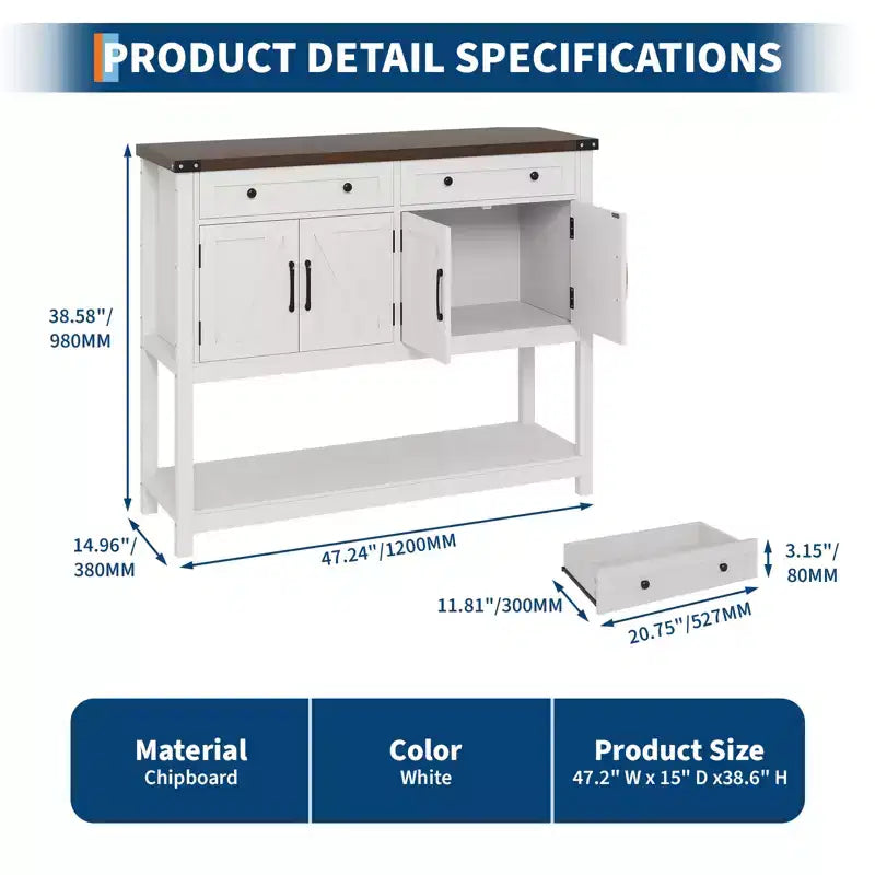 Consolle in stile rustico con 2 cassetti, 4 ante e ripiani a giorno, una credenza stretta perfetta per cucine, corridoi o soggiorni.