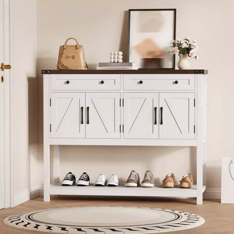 Consolle in stile rustico con 2 cassetti, 4 ante e ripiani a giorno, una credenza stretta perfetta per cucine, corridoi o soggiorni.