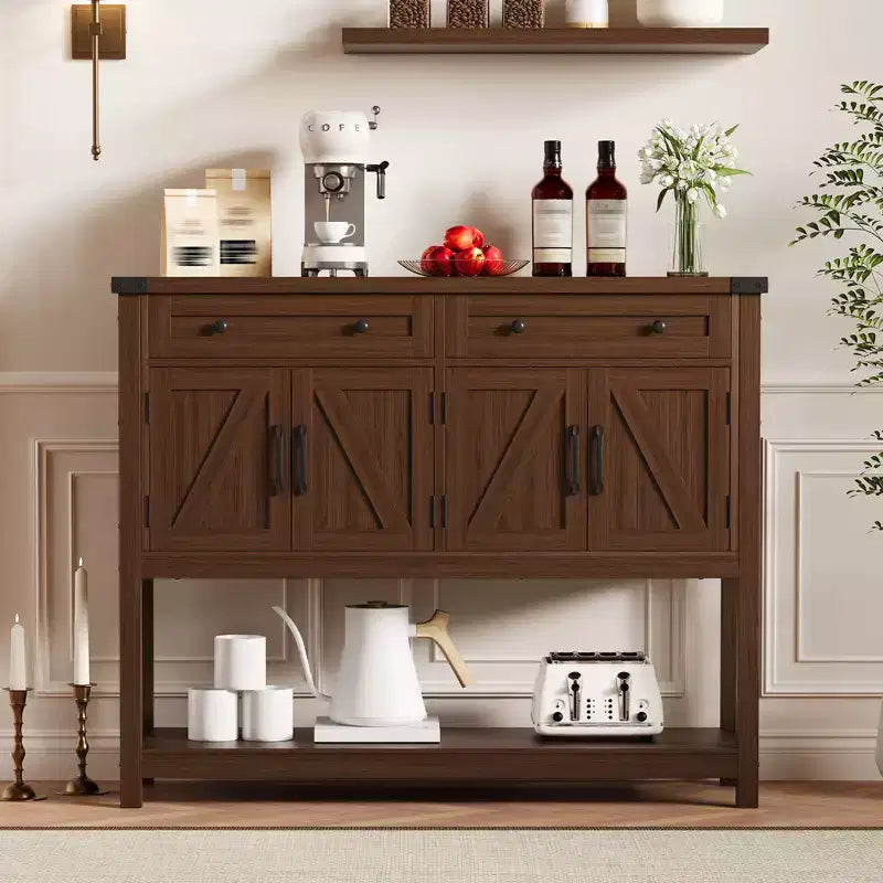 Consolle in stile rustico con 2 cassetti, 4 ante e ripiani a giorno, una credenza stretta perfetta per cucine, corridoi o soggiorni.