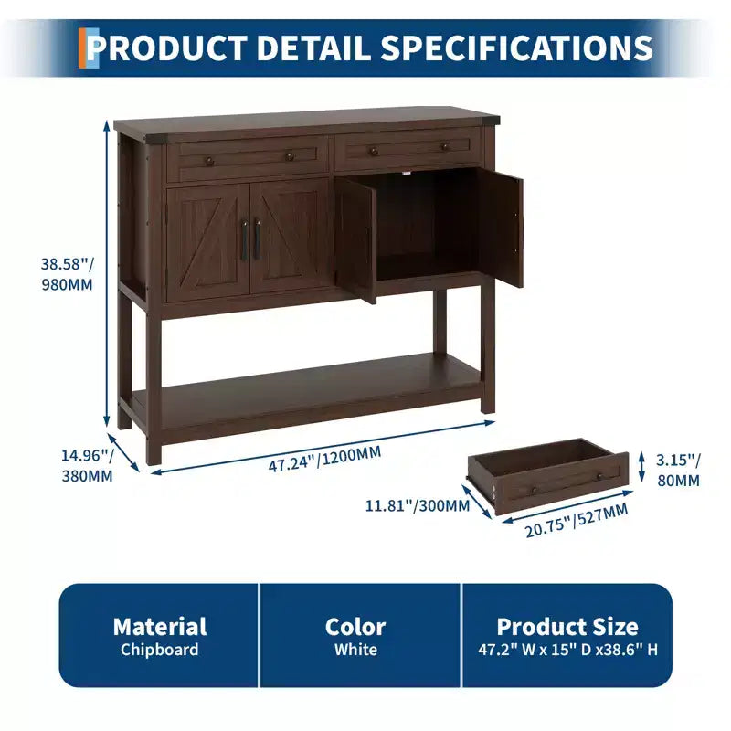 Consolle in stile rustico con 2 cassetti, 4 ante e ripiani a giorno, una credenza stretta perfetta per cucine, corridoi o soggiorni.