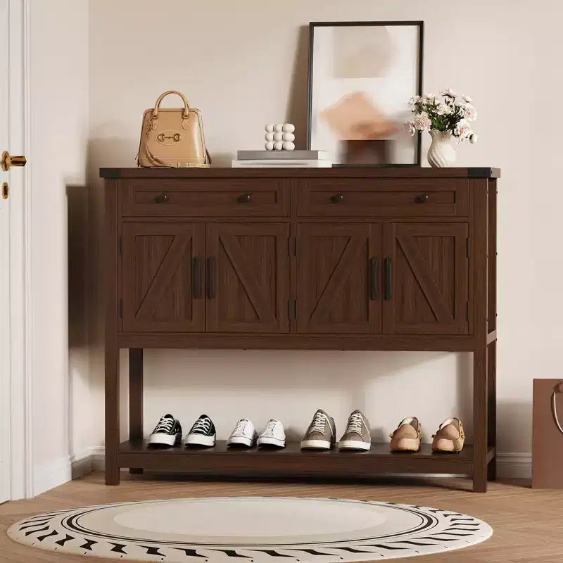 Consolle in stile rustico con 2 cassetti, 4 ante e ripiani a giorno, una credenza stretta perfetta per cucine, corridoi o soggiorni.