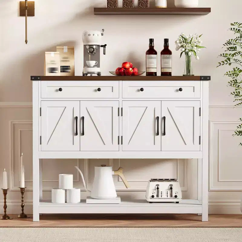 Consolle in stile rustico con 2 cassetti, 4 ante e ripiani a giorno, una credenza stretta perfetta per cucine, corridoi o soggiorni.
