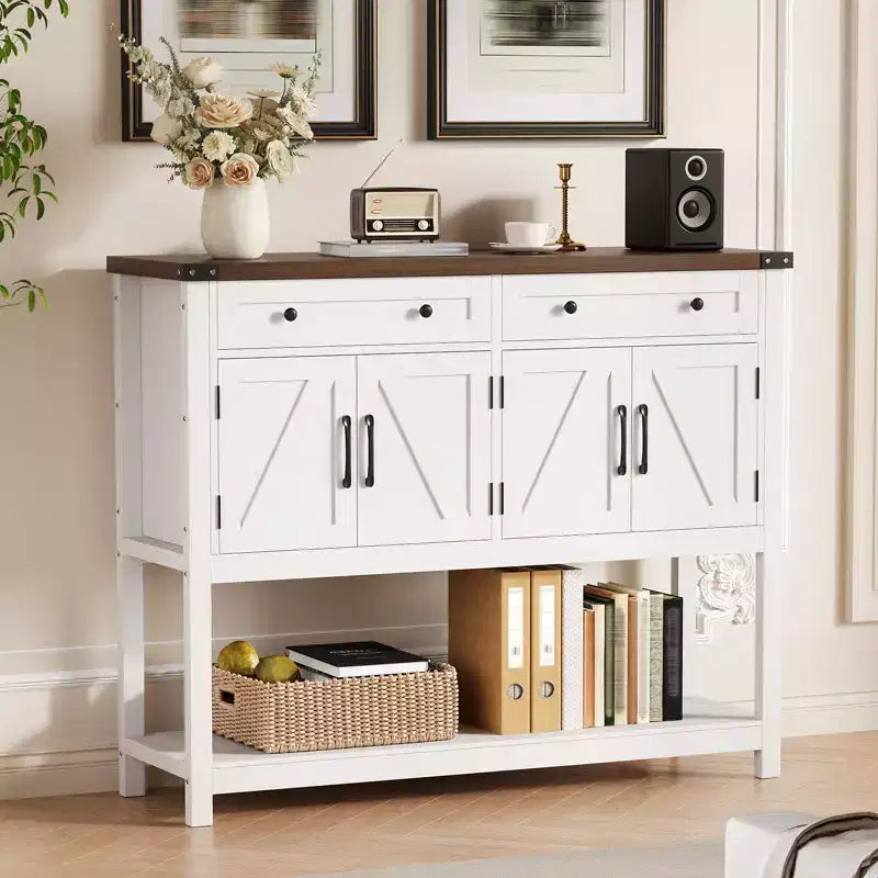 Consolle in stile rustico con 2 cassetti, 4 ante e ripiani a giorno, una credenza stretta perfetta per cucine, corridoi o soggiorni.