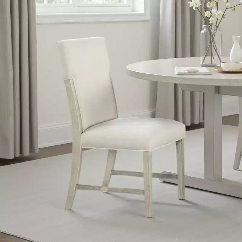 Hampton Side Dining Chair Set of 2, Natural Brown Solid Wood, Soft White Fabric