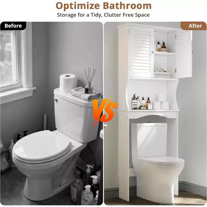 Pensile sopra il WC con ante a persiana ventilate, ripiano regolabile e ganci e dispositivo antiribaltamento, organizer da bagno salvaspazio, bianco