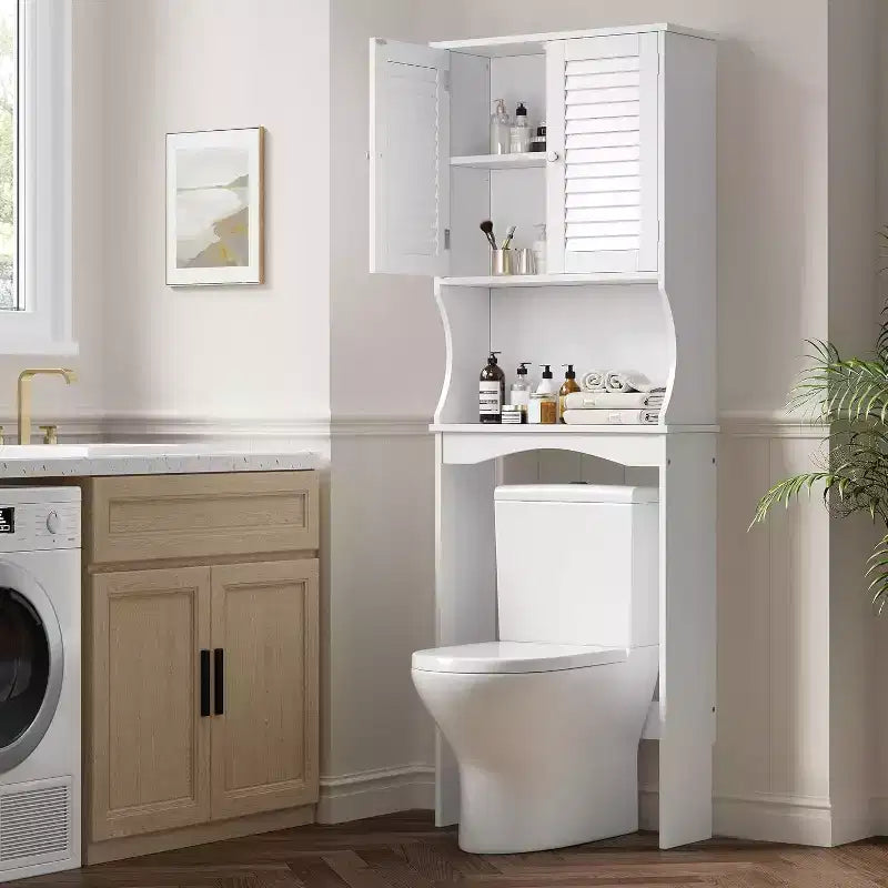 Pensile sopra il WC con ante a persiana ventilate, ripiano regolabile e ganci e dispositivo antiribaltamento, organizer da bagno salvaspazio, bianco
