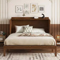 Queen Size Murphy Bed Pine Wood Cabinet Bed with Power Station and Rattan Decoration Panel Walnut for Bedroom