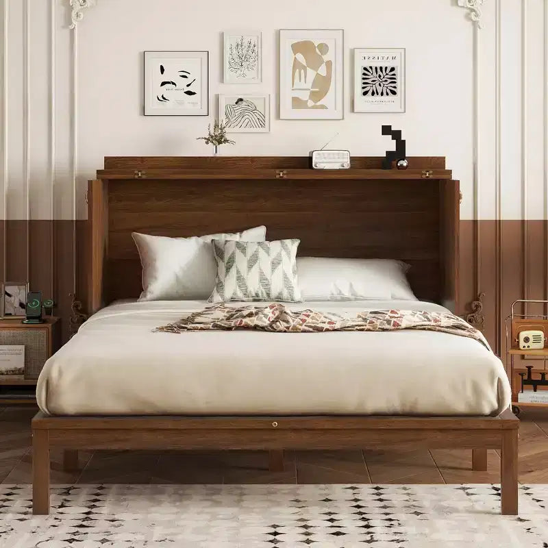 Queen Size Murphy Bed Pine Wood Cabinet Bed with Power Station and Rattan Decoration Panel Walnut for Bedroom