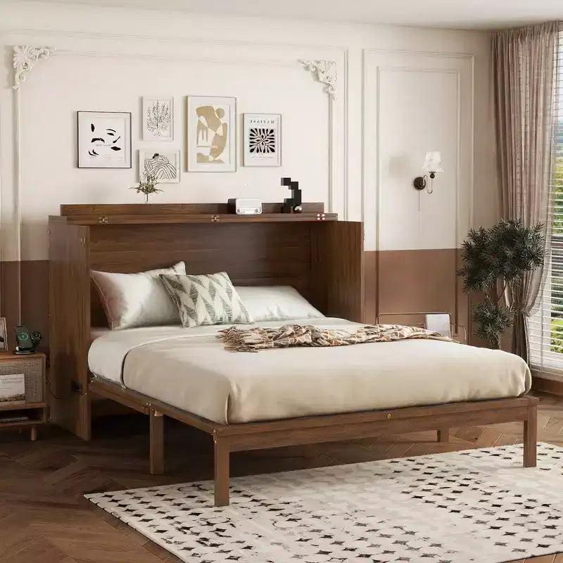 Letto a scomparsa matrimoniale in legno di pino con stazione di alimentazione e pannello decorativo in rattan, colore noce, per camera da letto
