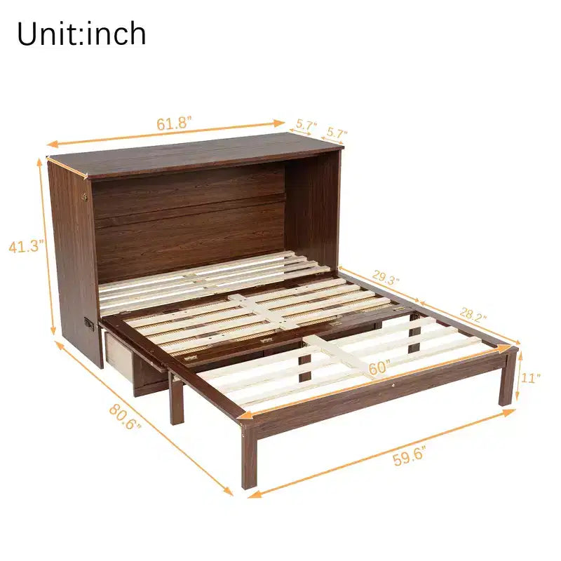 Letto a scomparsa matrimoniale in legno di pino con stazione di alimentazione e pannello decorativo in rattan, colore noce, per camera da letto